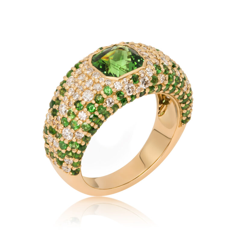 Asscher Cut Tsavorite Dome Ring with Paved Diamonds and Tsavorites in Yellow Gold Band