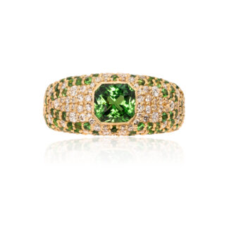 Asscher Cut Tsavorite Dome Ring with Paved Diamonds and Tsavorites in Yellow Gold Band