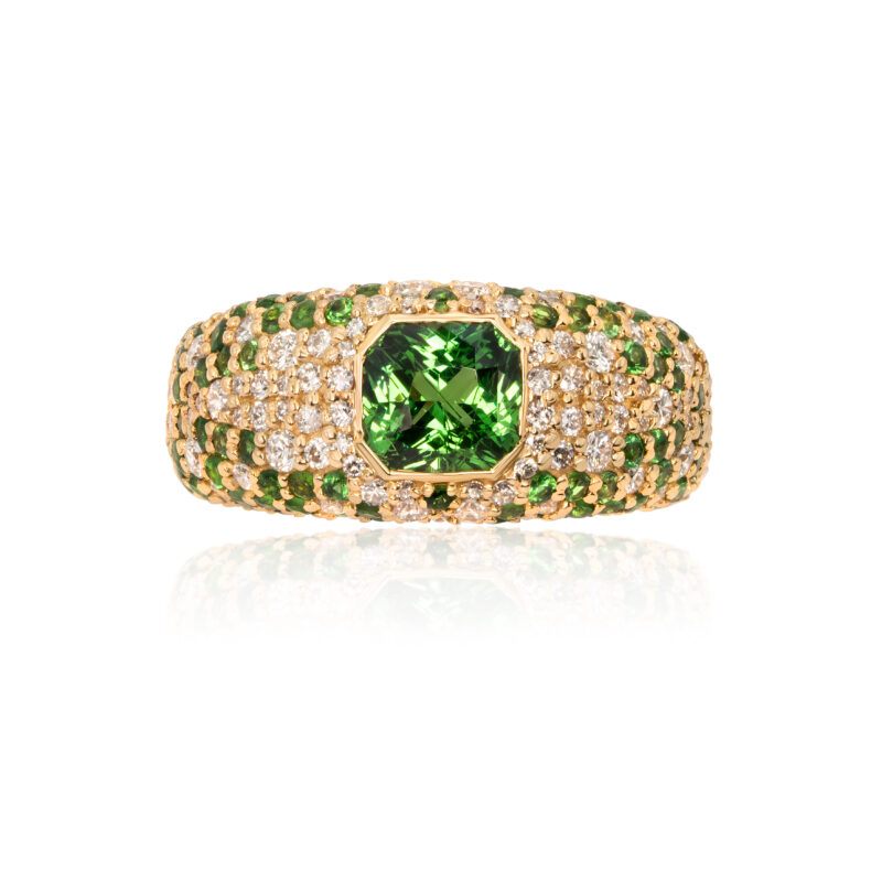 Asscher Cut Tsavorite Dome Ring with Paved Diamonds and Tsavorites in Yellow Gold Band