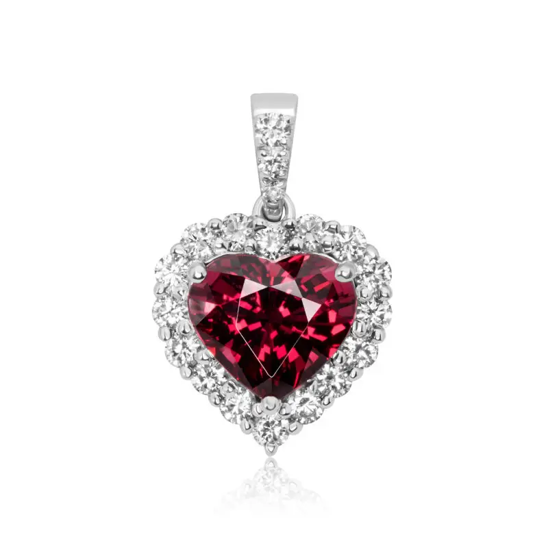 Heart Cut pendant with rhodolite and halo of diamonds