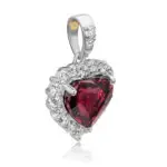 Rhodolite pendant with diamonds and diamond paved bail featuring heart cut cherry red garnet