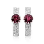 Rhodolite earrings with English locks. Octagon cut garnets surrounded by white diamond pave