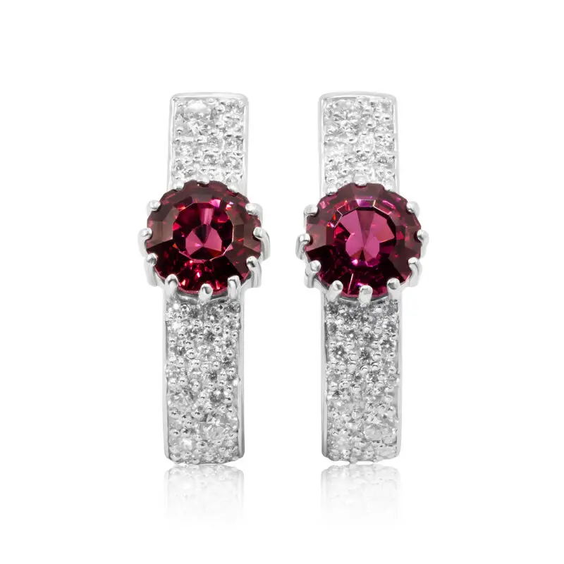 Rhodolite earrings with English locks. Octagon cut garnets surrounded by white diamond pave