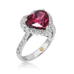 Heart cut rhodolite garnet ring with surrounded by diamonds in white gold