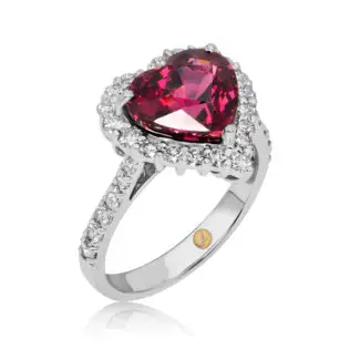 Heart cut rhodolite garnet ring with surrounded by diamonds in white gold