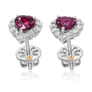 Heart cut rhodolite studs with diamond halo featuring purplish pink garnets from Tanzania